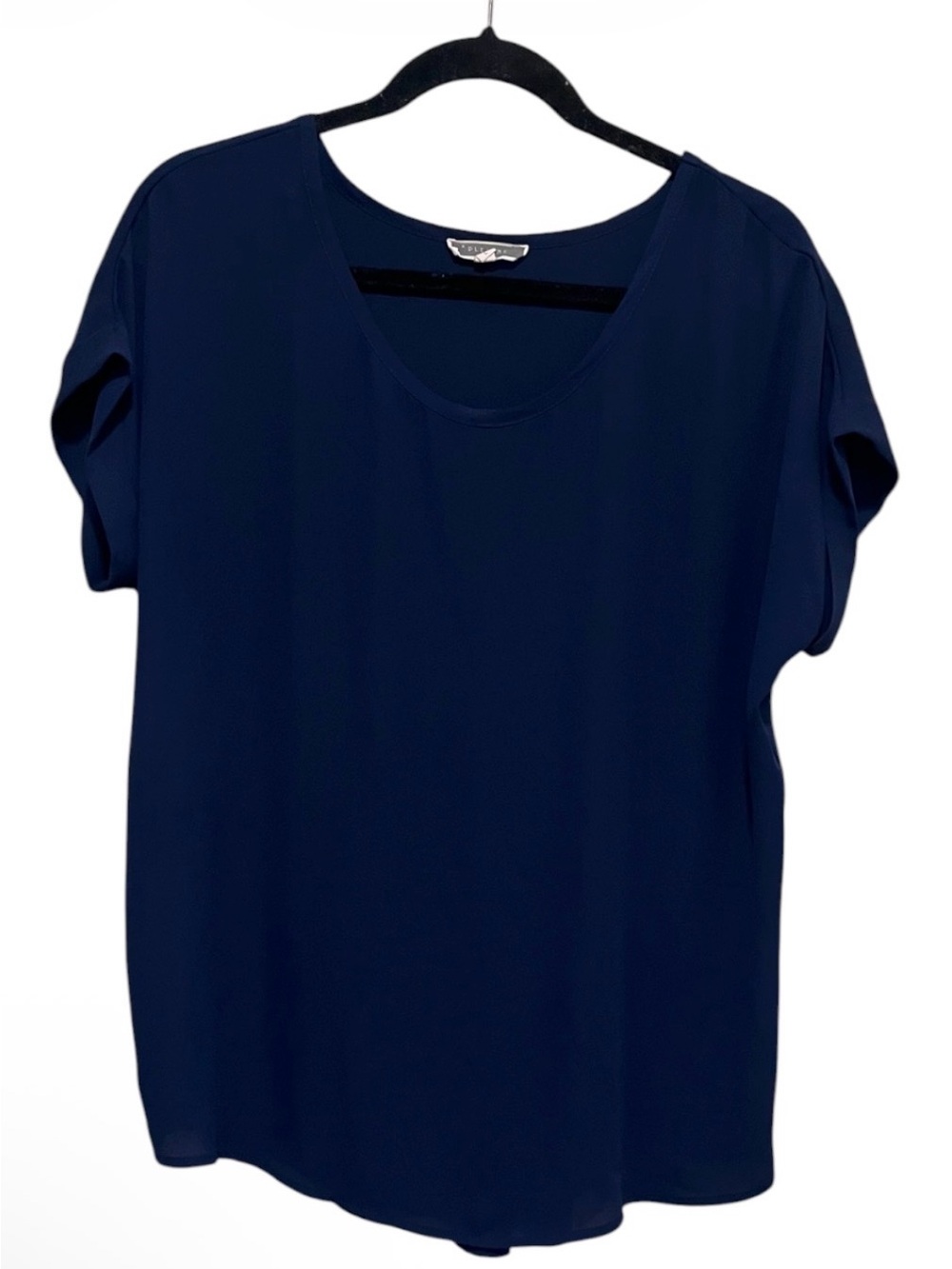 Pleione Navy Blue Blouse Large Short Sleeve Scoop Neck Flowy Tunic Top